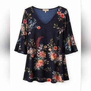 Laura Plus Navy Floral V-Neck Tunic Top 1X With Lattice Sleeve